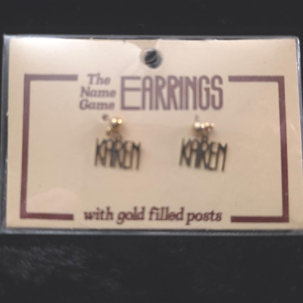 NOS Vintage The Name Game Karen Earrings Gold Filled Posts 80s 90s Kitsch Retro